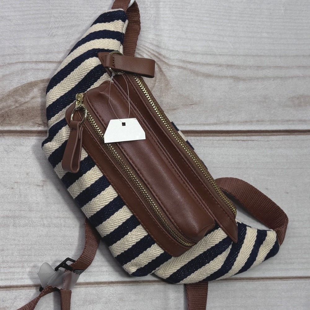 Striped Canvas Belt Bag Navy Blue Cream Brown Faux Leather Fanny Pack Waist Bag